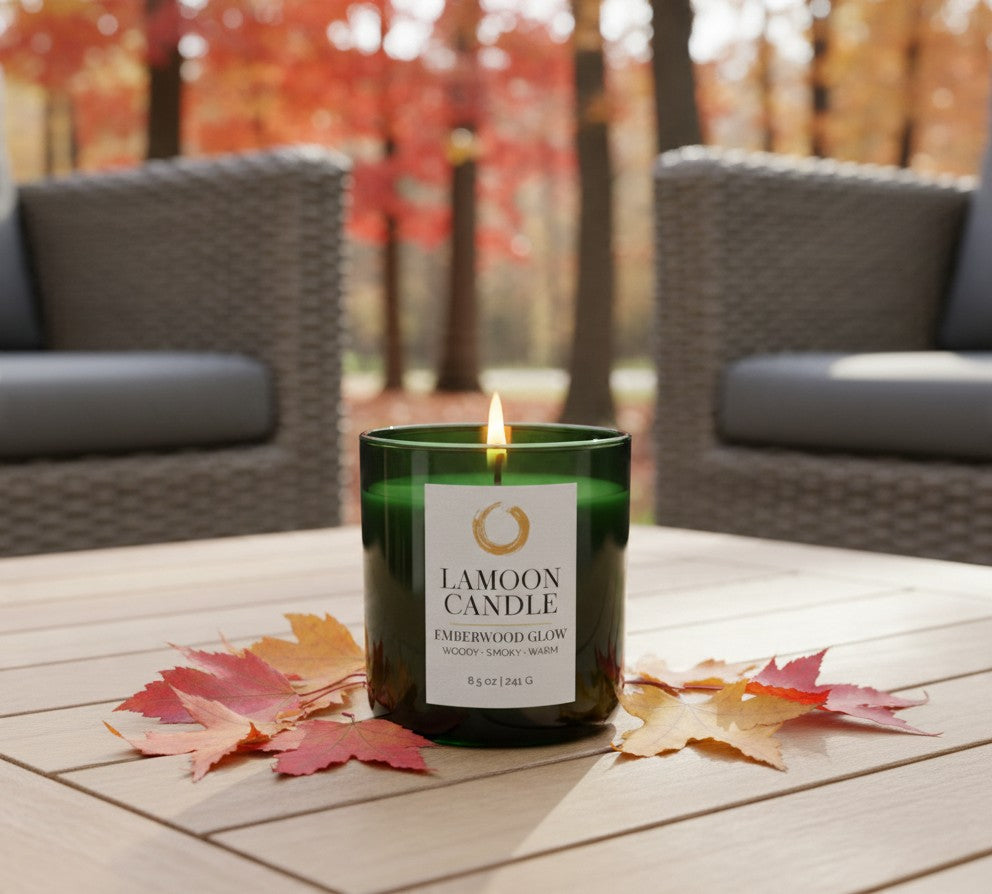 A green glass jar candle with a white label reading 'LAMOON CANDLE' and 'EMBERWOOD GLOW' is lit on a light wood table outdoors. Fallen autumn leaves are scattered around the candle, with blurred patio chairs and trees in the background.