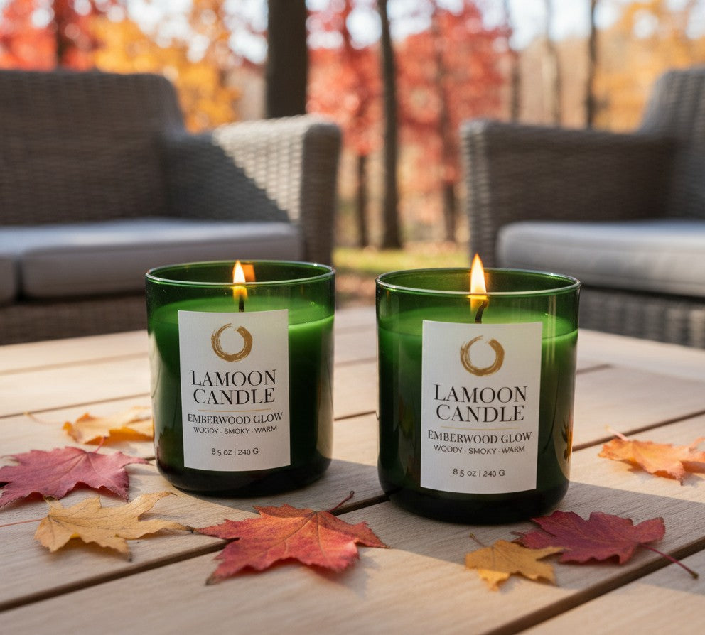 Two green glass candles labeled LAMOON CANDLE - EMBERWOOD GLOW are lit on a wooden table outdoors, with autumn leaves scattered around and blurred patio furniture and trees in the background.
