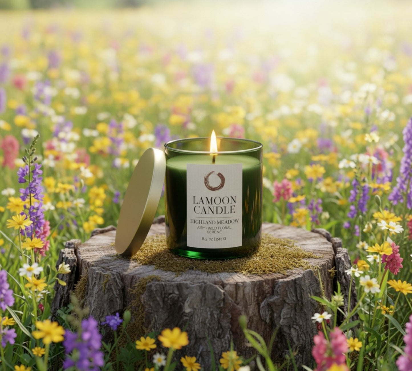 Highland Meadow - Soy Candle | Fresh Green Ozone, Wild Rose & Woodland Musk | Green Glass Jar with Gold Lid - LaMoon Candle