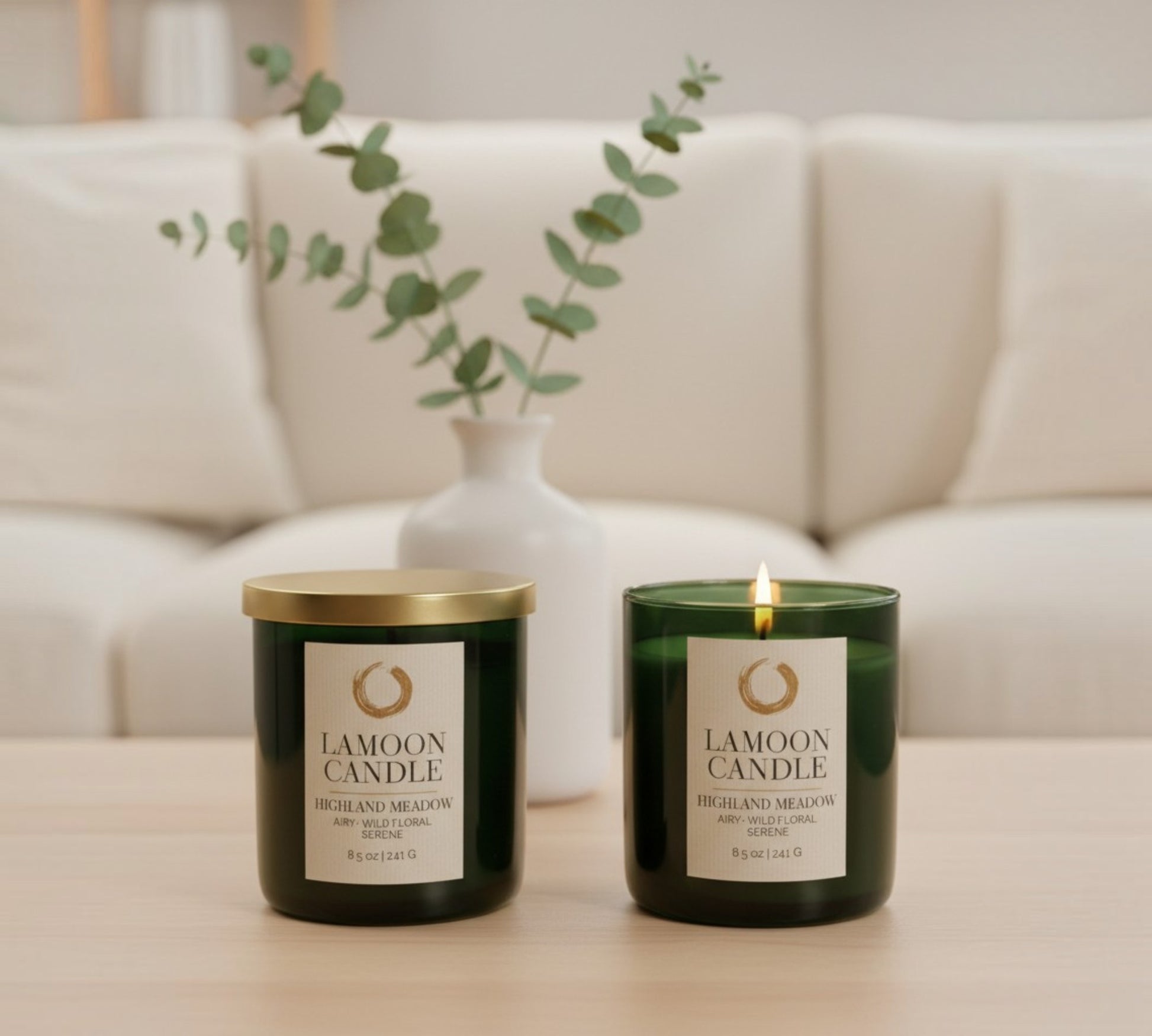 Highland Meadow - Soy Candle | Fresh Green Ozone, Wild Rose & Woodland Musk | Green Glass Jar with Gold Lid - LaMoon Candle
