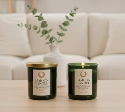 Highland Meadow - Soy Candle | Fresh Green Ozone, Wild Rose & Woodland Musk | Green Glass Jar with Gold Lid - LaMoon Candle