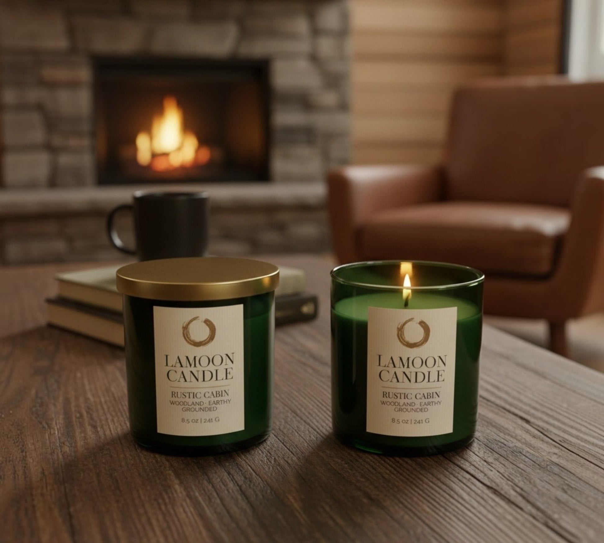 Rustic Cabin Premium Soy Candle (8.5oz) – Green Glass Jar with Gold Lid - LaMoon Candle