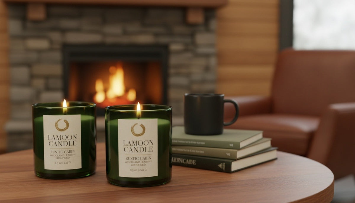 Two green glass candles labeled 'LAMOON CANDLE - Rustic Cabin' sit on a round wooden table in front of a cozy fireplace. A black mug and stacked books rest beside them, with a leather chair and wood-paneled room in the background.