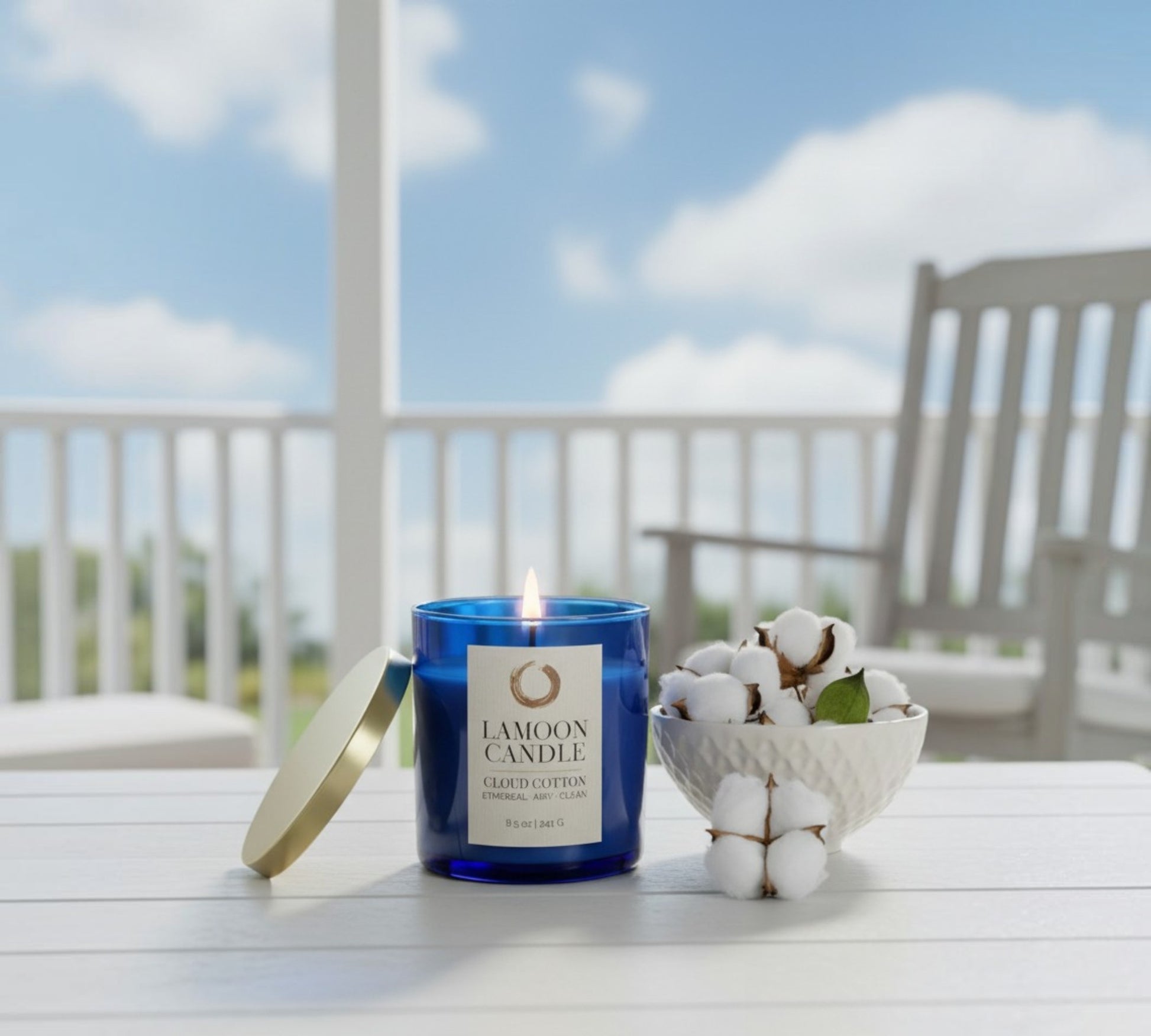 Cloud Cotton Premium Soy Candle (8.5oz) – Blue Glass Jar with Gold Lid - LaMoon Candle