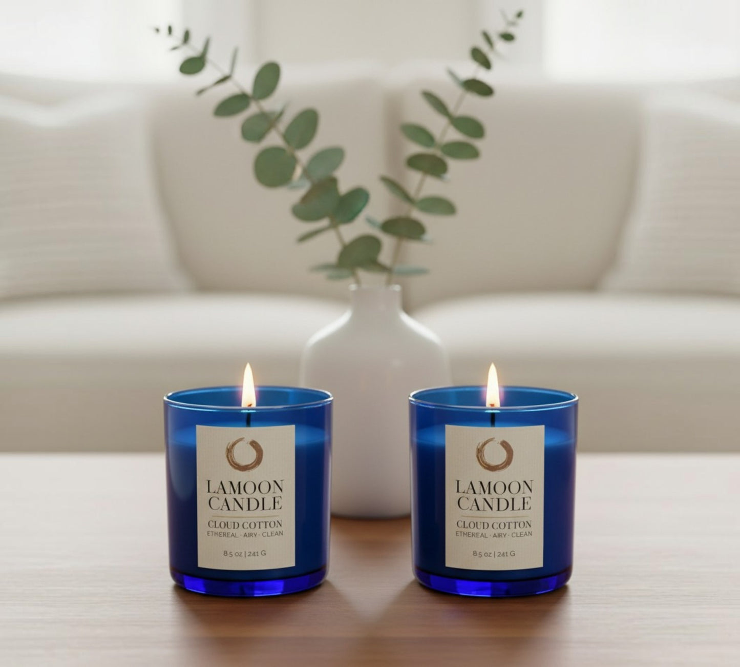 Cloud Cotton Premium Soy Candle (8.5oz) – Blue Glass Jar with Gold Lid - LaMoon Candle