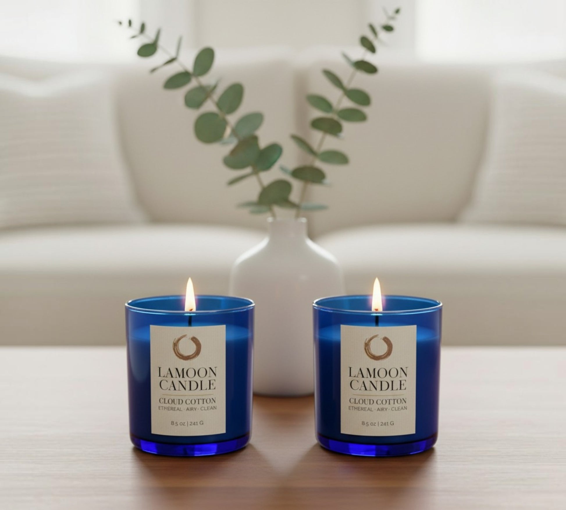 Cloud Cotton Premium Soy Candle (8.5oz) – Blue Glass Jar with Gold Lid - LaMoon Candle
