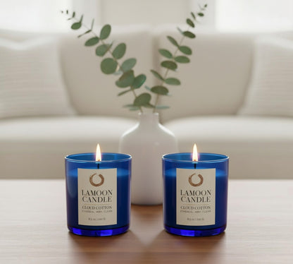 Cloud Cotton Premium Soy Candle (8.5oz) – Blue Glass Jar with Gold Lid - LaMoon Candle