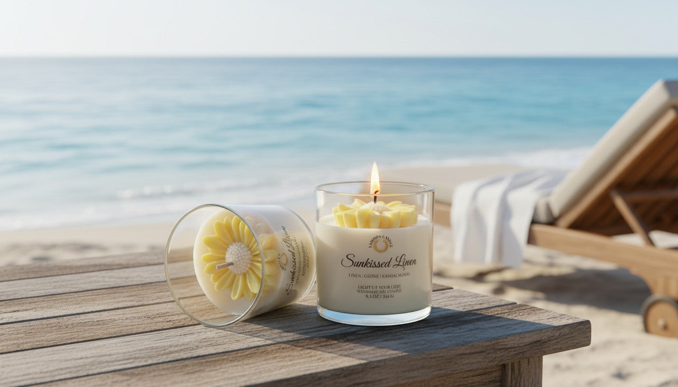 Sunkissed Linen Candle with a sunflower design on a wooden table by the beach. LaMoon Candle
