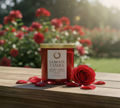 Secret Garden Premium Soy Candle (8.5oz) – Red Glass Jar with Gold Lid - LaMoon Candle