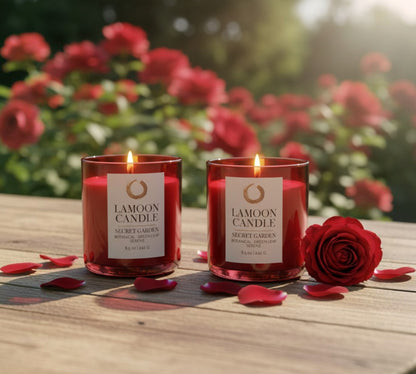Secret Garden Premium Soy Candle (8.5oz) – Red Glass Jar with Gold Lid - LaMoon Candle