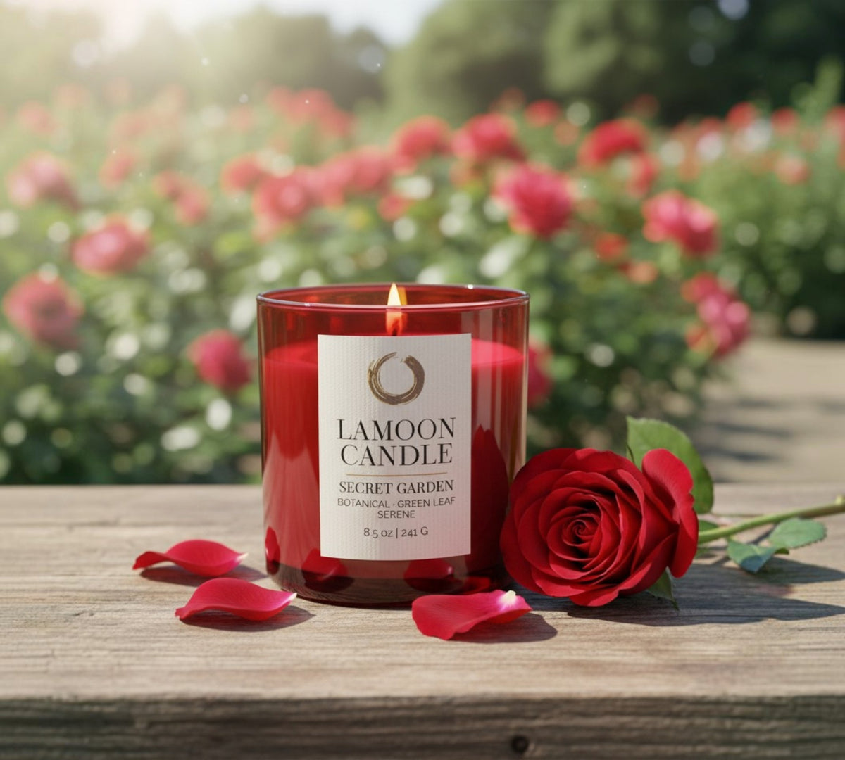 Secret Garden Premium Soy Candle (8.5oz) – Red Glass Jar with Gold Lid - LaMoon Candle