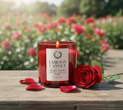 Secret Garden Premium Soy Candle (8.5oz) – Red Glass Jar with Gold Lid - LaMoon Candle