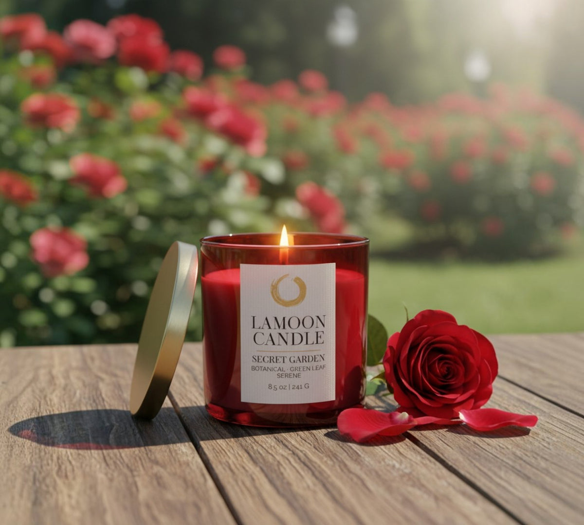 Secret Garden Premium Soy Candle (8.5oz) – Red Glass Jar with Gold Lid - LaMoon Candle