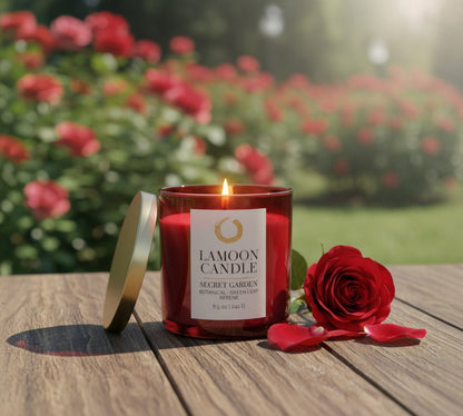 Secret Garden Premium Soy Candle (8.5oz) – Red Glass Jar with Gold Lid - LaMoon Candle