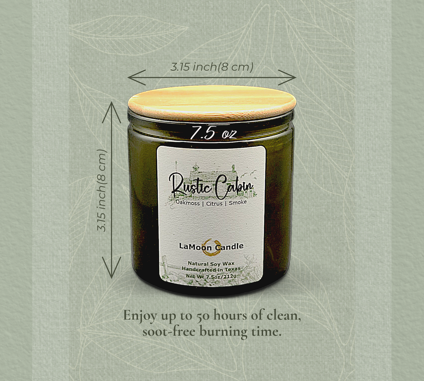 Natural soy wax candle in vintage green glass container and bamboo lid.