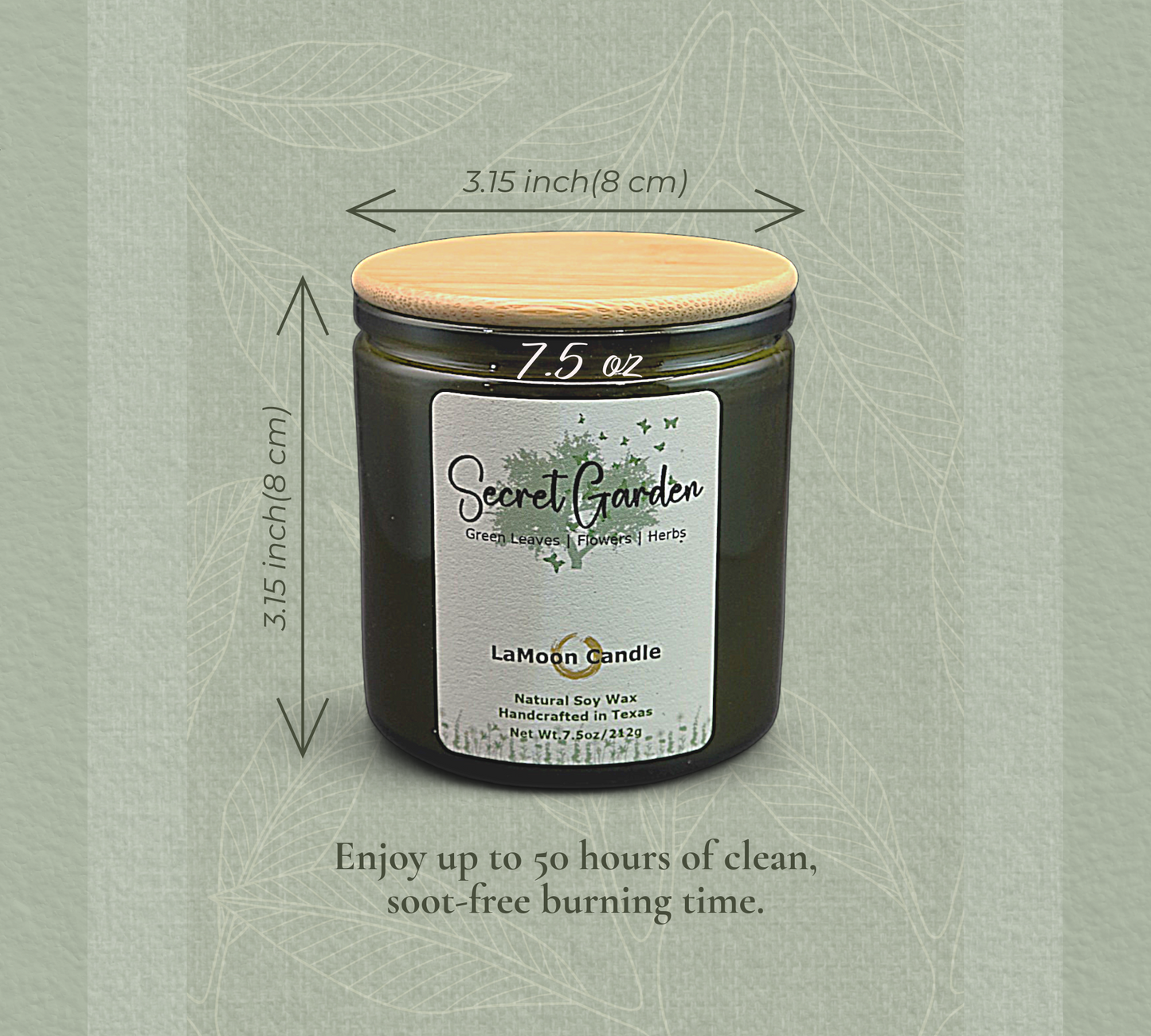 Natural soy wax candle in vintage green glass container and bamboo lid.