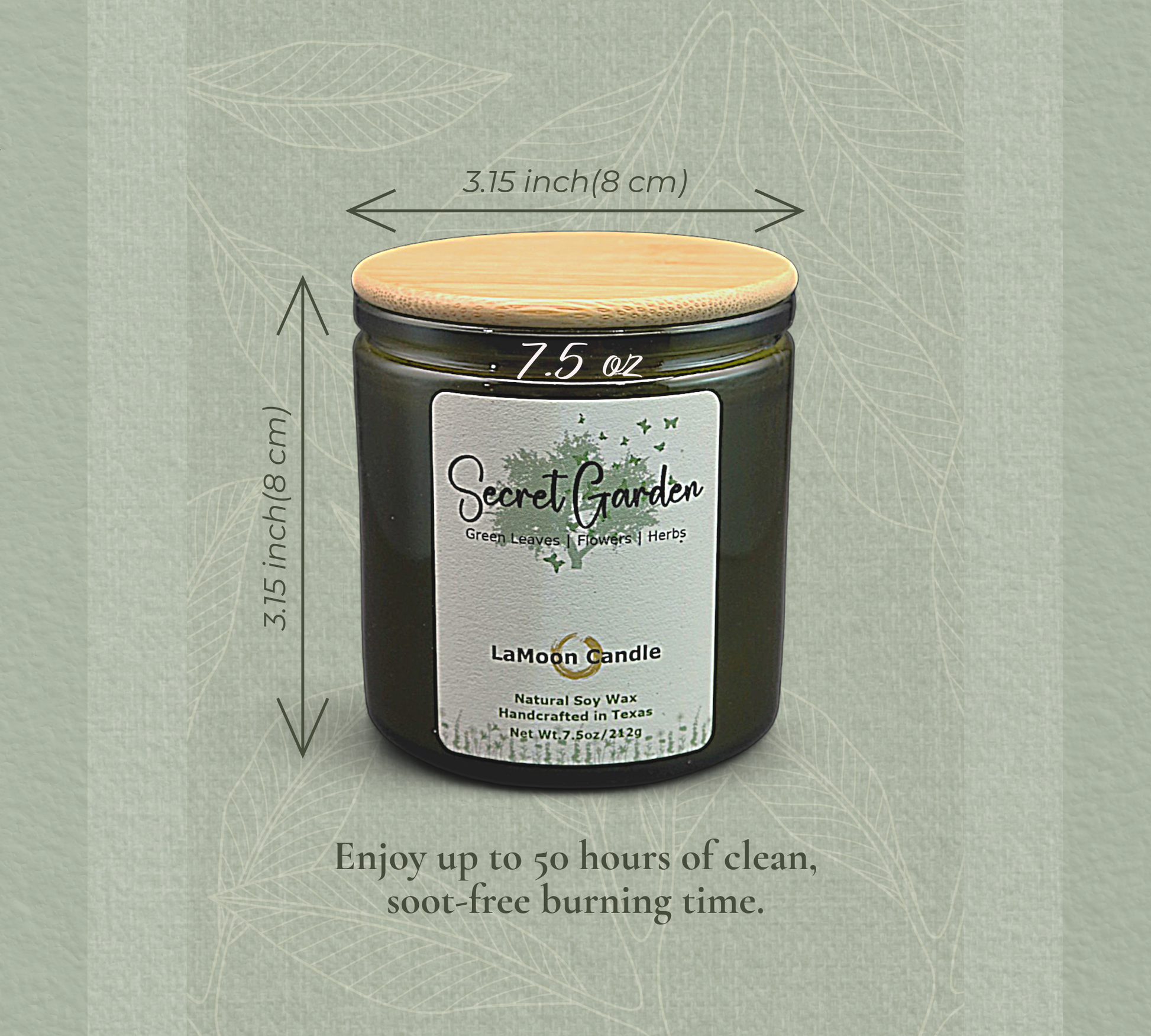 Natural soy wax candle in vintage green glass container and bamboo lid.