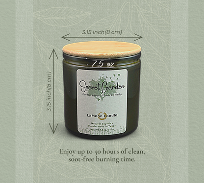 Natural soy wax candle in vintage green glass container and bamboo lid.