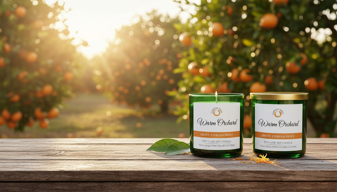 Two candles labeled 'Warm Orchard' on a wooden table with an grapefruit orchard in the background. LaMoon Candle