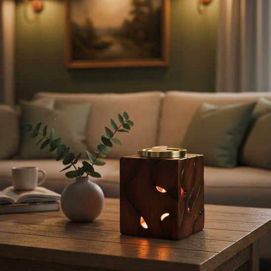 LaMoon Candle modern driftwood electric wax warmer with dark wood ceramic base gold metal dish and globe bulb