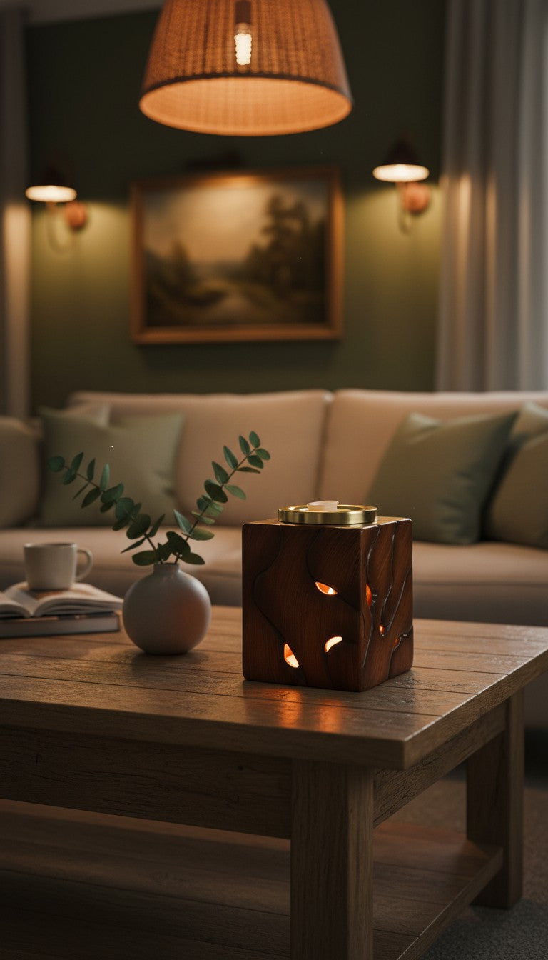 LaMoon Candle modern driftwood electric wax warmer with dark wood ceramic base gold metal dish and globe bulb