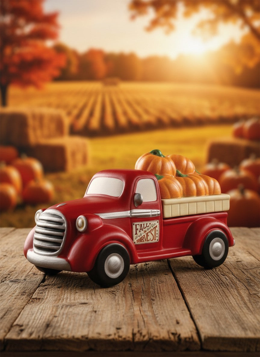 LaMoon Candle vintage red truck ceramic electric wax warmer with pumpkin lid and illuminated LED headlights